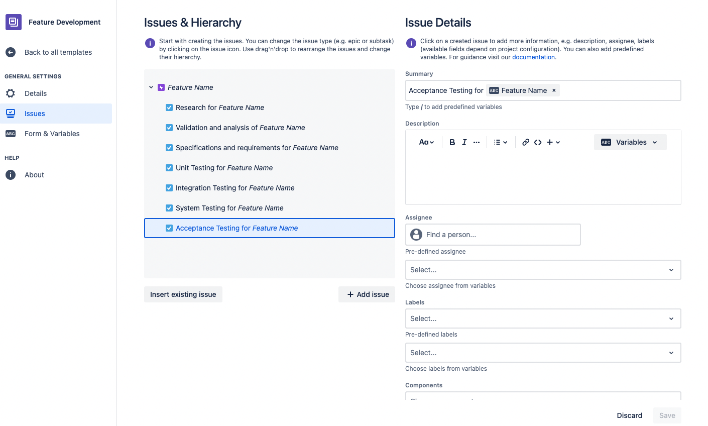 Structured Development Tasks in Jira - feature name variable entered into summary of jira issue and will now be automatically propagated when feature name is set