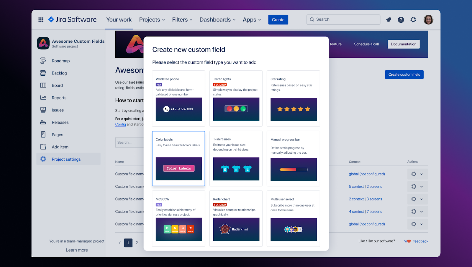 The importance of clear and concise communication in Jira and how Awesome Custom Fields can help - awesome custom fields project settings with window displaying all different currently available custom fields