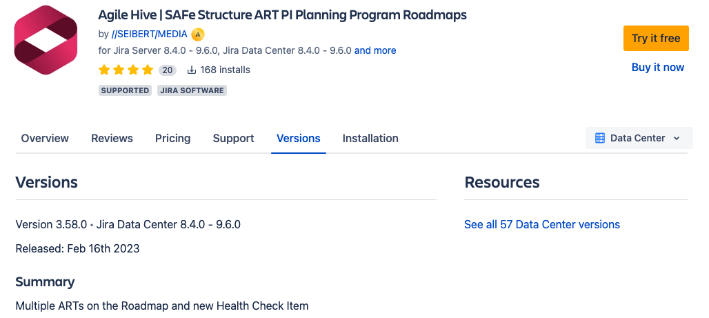 The 6 pitfalls of the Atlassian Marketplace: What should you look out for when choosing an app? - Agile Hive versions tab in atlassian marketplace