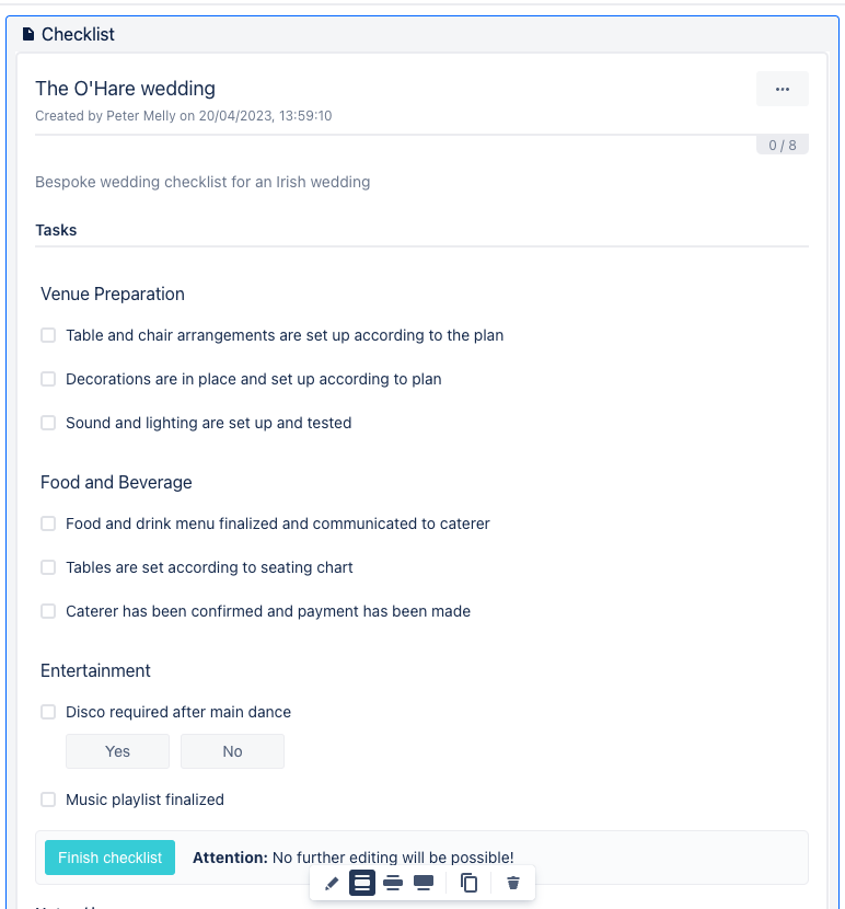 Creative Thinking, How to Free up Your Brain's Idea Generator with Checklists for Atlassian Confluence and Jira - image displaying a wedding checklist