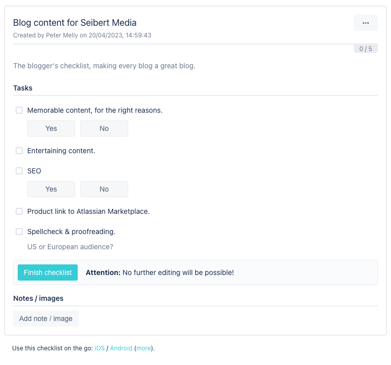 Creative Thinking, How to Free up Your Brain's Idea Generator with Checklists for Atlassian Confluence and Jira - checklist for writing blog content