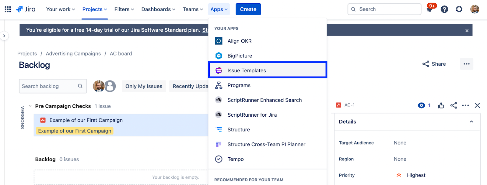Templating.app - Standard approach to creating (social) media - Issue Templates in Apps menu in Jira