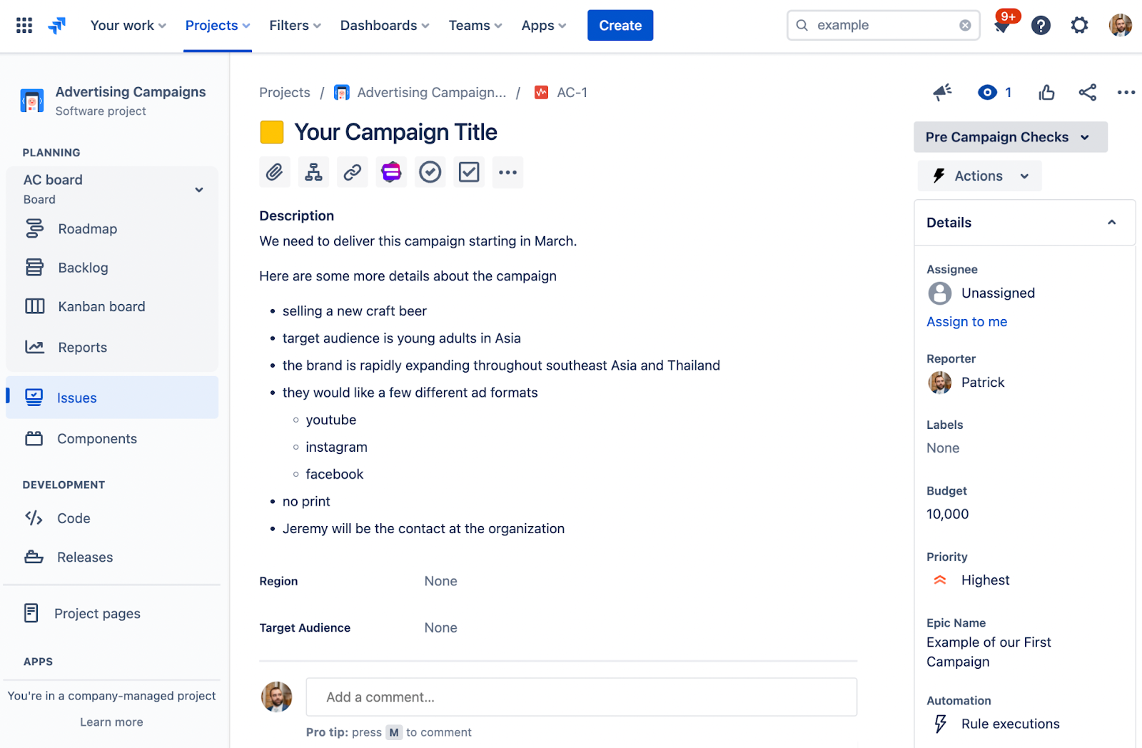 Templating.app - Standard approach to creating (social) media - example of social media campaign setup with default Jira issues