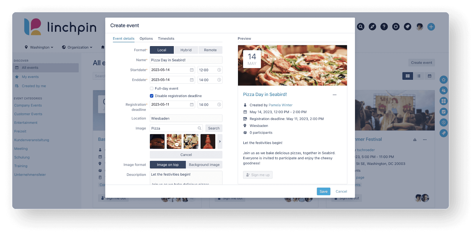 Bye-bye, Wait Times: 5 Reasons Why You Should Use Event Timeslots in Linchpin - setting up pizza day event in linchpin events