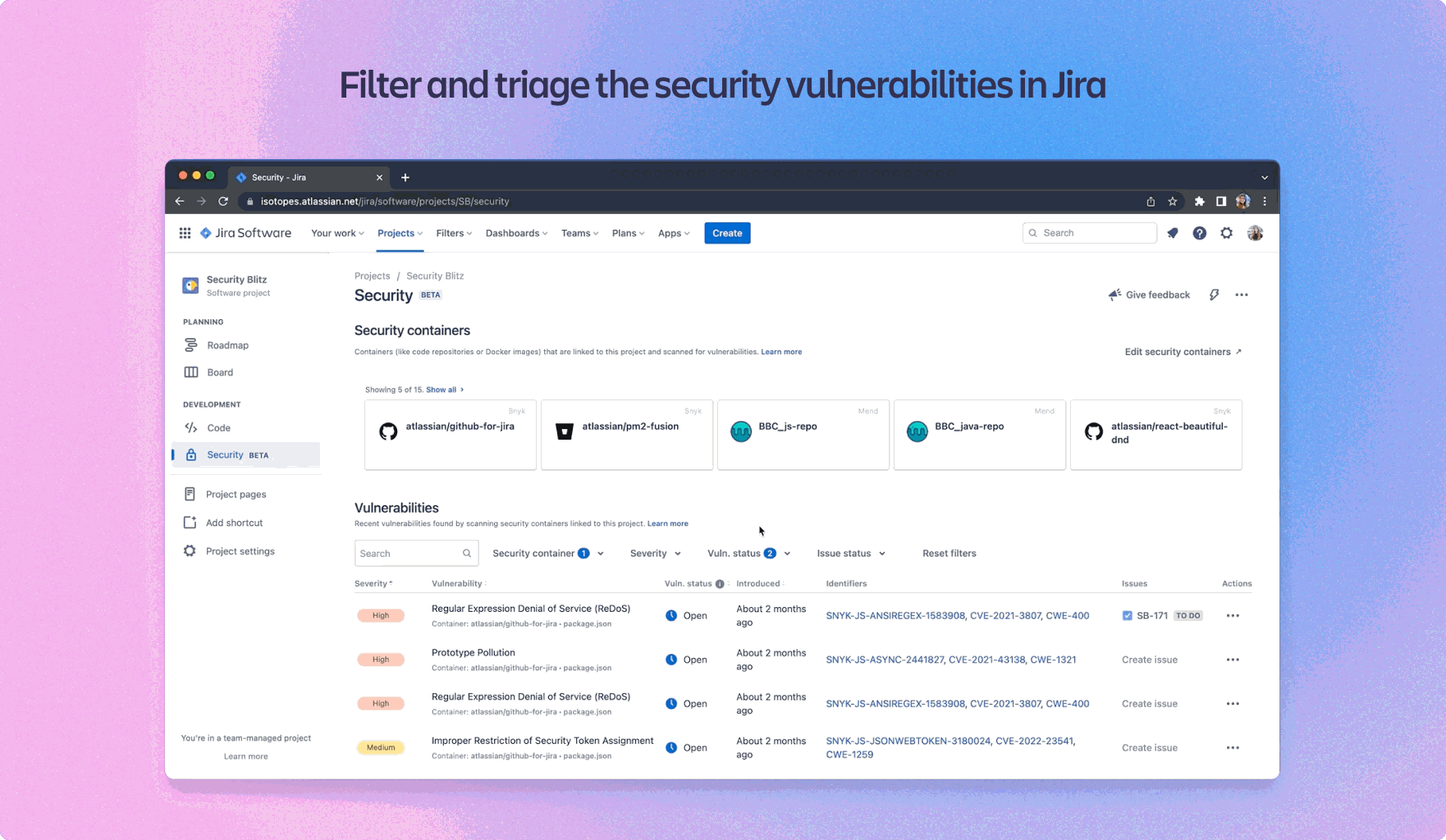 Security Features in Jira: Security Throughout the Development Lifecycle - Filter Jira software vulnerabilities