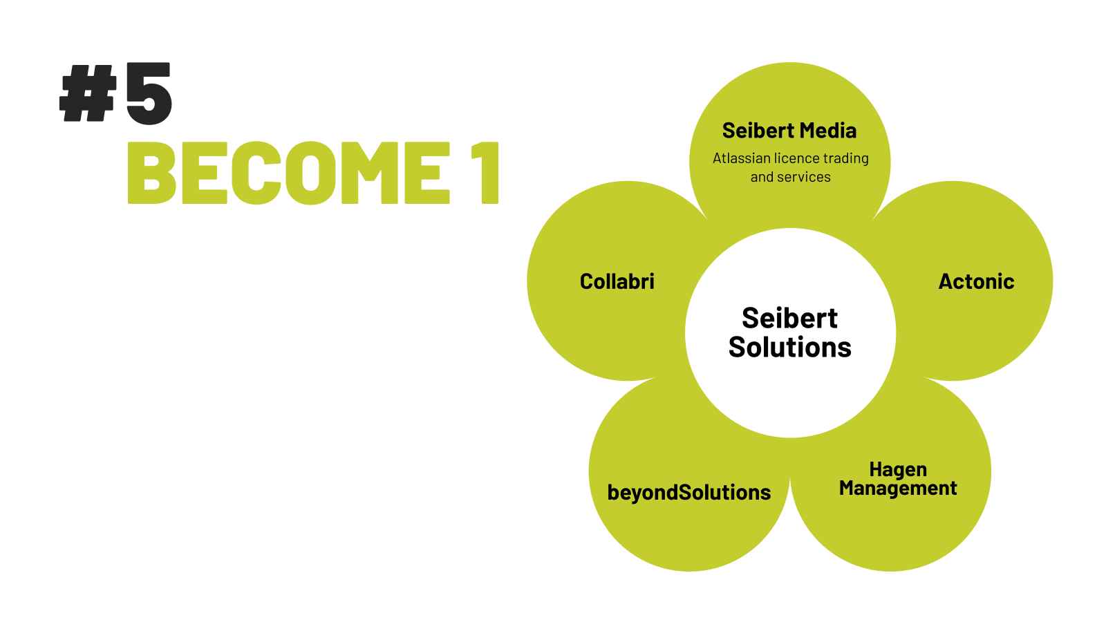 #5become1 or: Why we can achieve more for your Atlassian ecosystem with Seibert Solutions - graphic showing all parts of Seibert Solutions in a sort of flower shape