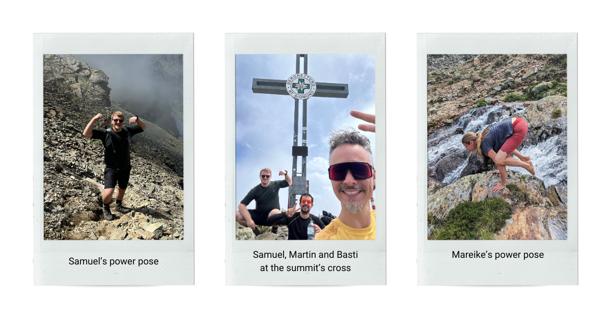 Aiming for the Top! An Adventurous Tale from Our 2023 Mountain Hiking Tour - Samuel Basti Martin Mareike power poses and summit cross