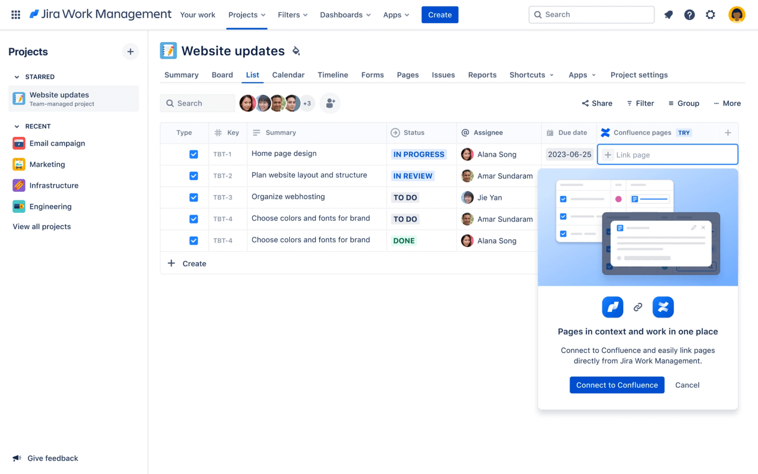 Jira Work Management - Bridging the Gap between Technical and Business Team - searching for Confluence pages directly in the list tab in Jira Work Management