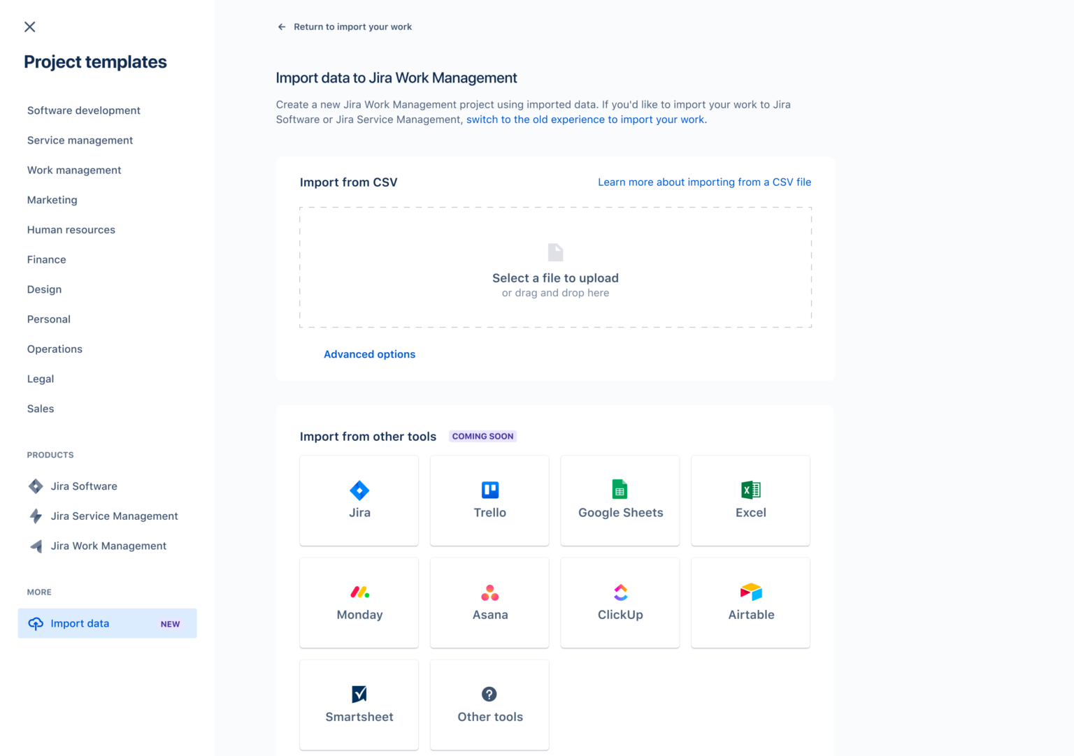 Jira Work Management - Bridging the Gap between Technical and Business Team - image showing the Import data option in Jira Work Management and which tools you will be able to import from