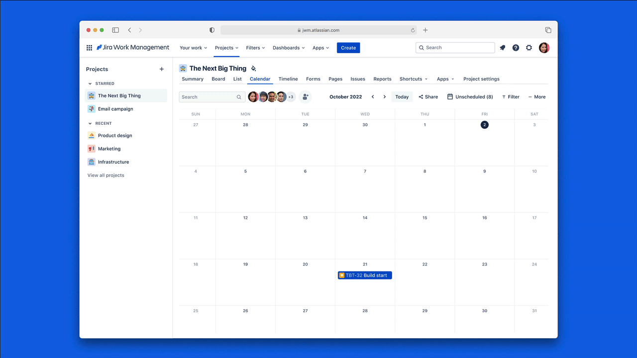 Jira Work Management - Bridging the Gap between Technical and Business Teams - gif showing shared release dates on a shared calendar