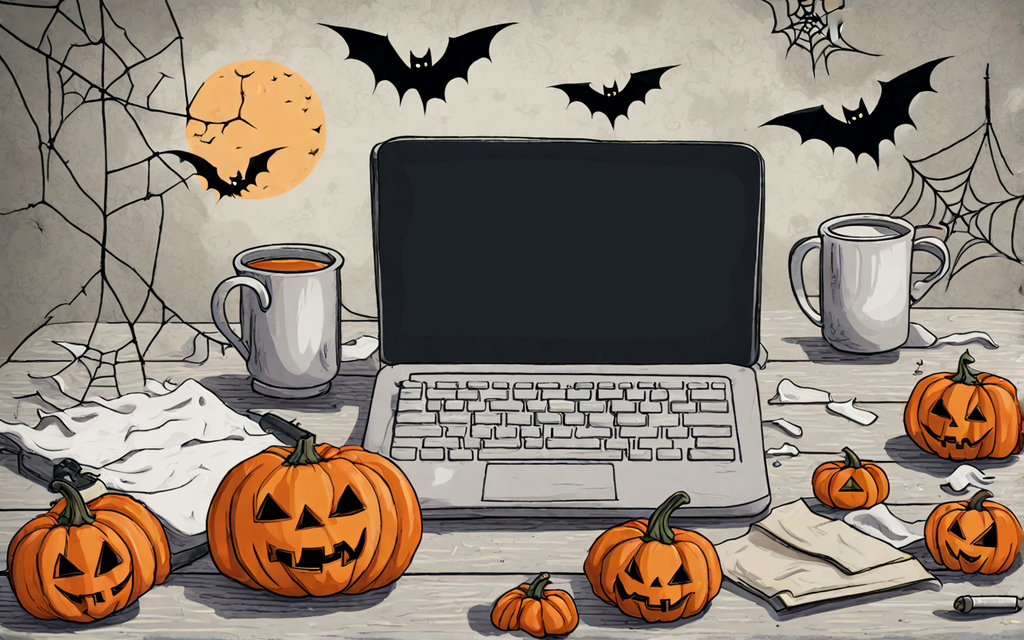 Google Workspace Update October 2023 - drawing of laptop surrounded by small pumpkins, bats and other Halloween-themed objects