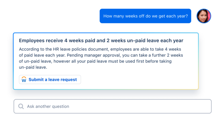 The Virtual Agent in Jira Service Management and Other AI-Supported Features for ITSM Teams - Virtual Agent used to answer a question about vacation allowance using internal wiki pages 