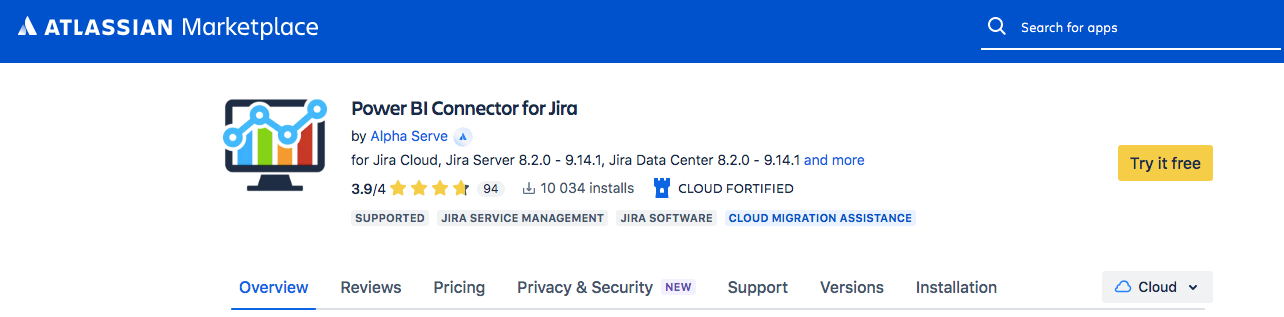 Analyzing and Exporting Data from Jira Apps made Easy - Marketplace listing with Try it free button