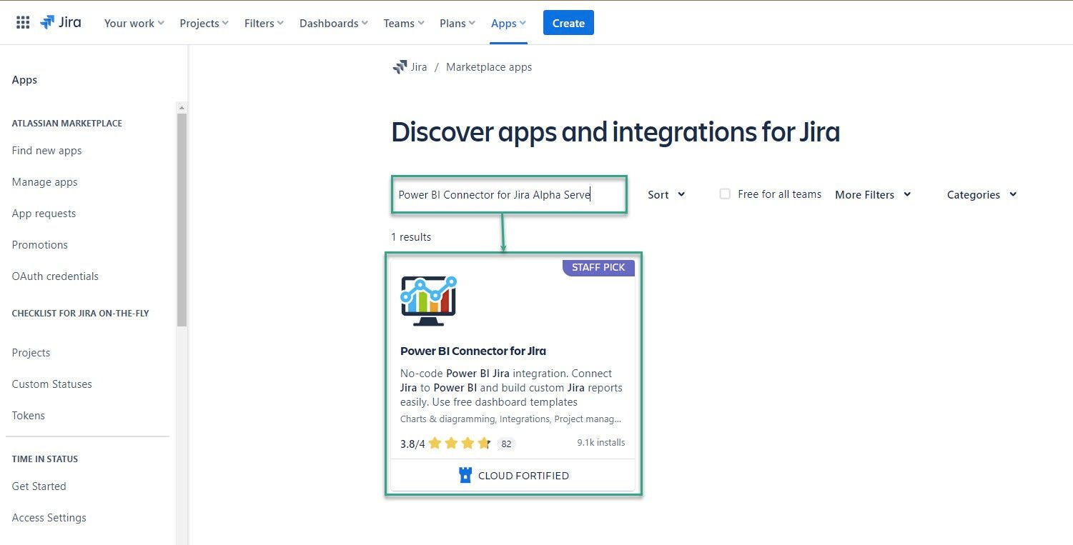 Analyzing and Exporting Data from Jira Apps made Easy - searching for Pwer BI Connecto for Jira by Alpha Serve