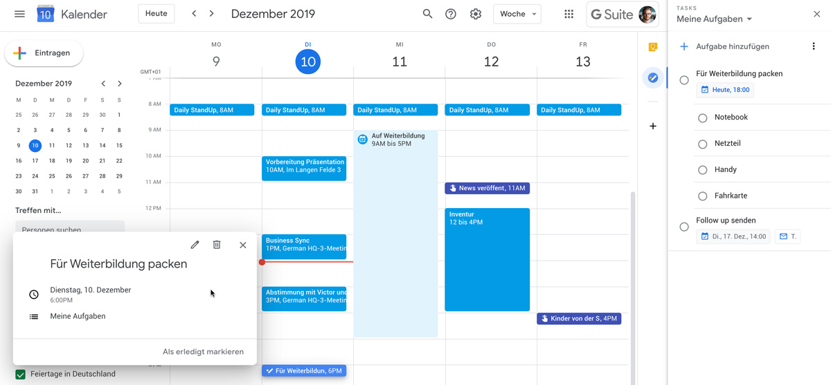 Erinnerungen und Aufgaben in Google Kalender
