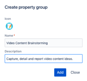 Ein Screenshot von der Properties-App. Zeigt das Feld "Create property group", mit Icon, Name und Description. 