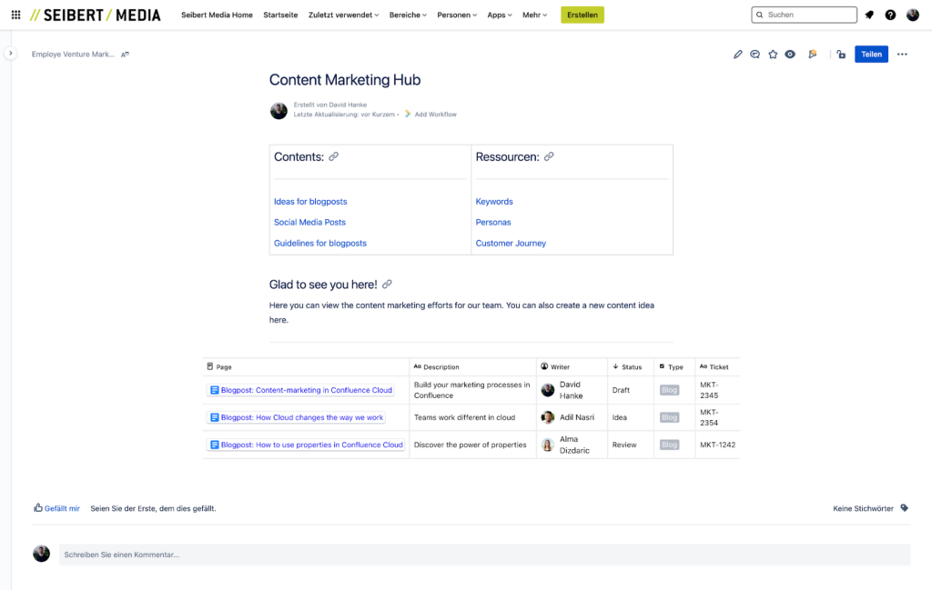 Eine Content-Übersicht für's Marketing in Confluence Cloud. 
