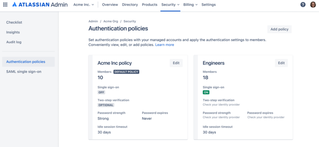 Atlassian Cloud Authentisierungsrichtlinien