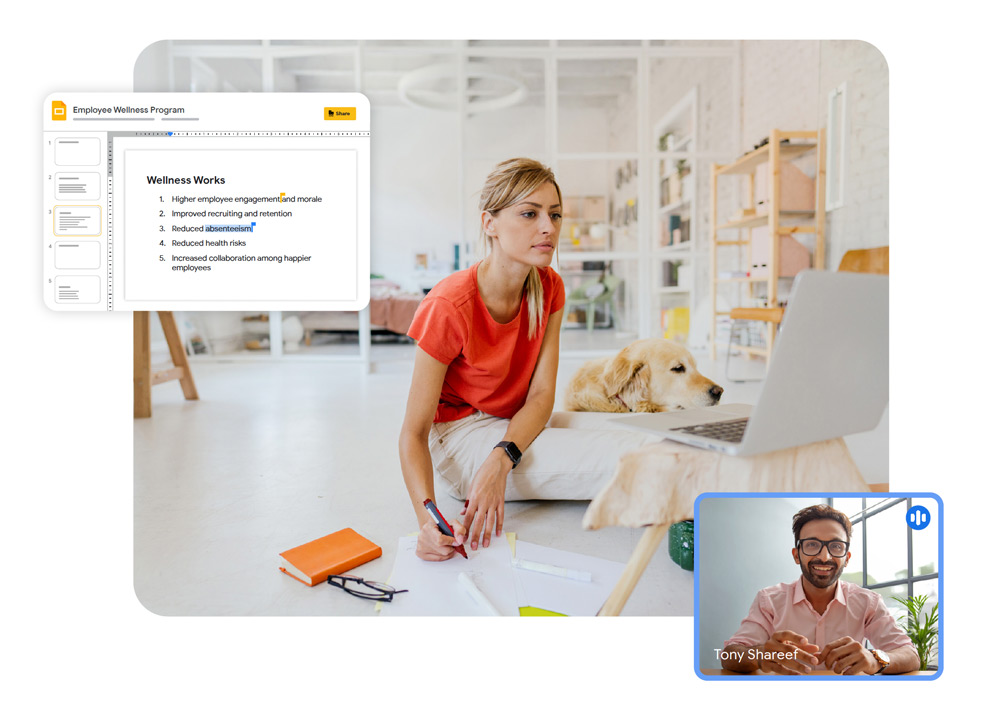 Google: Tipps um produktiver zu arbeiten - Ein Foto, auf dem zwei Personen zu sehen sind, die in einem Video Call sind. Darüber ein Fenster mit einer Google Notiz.
