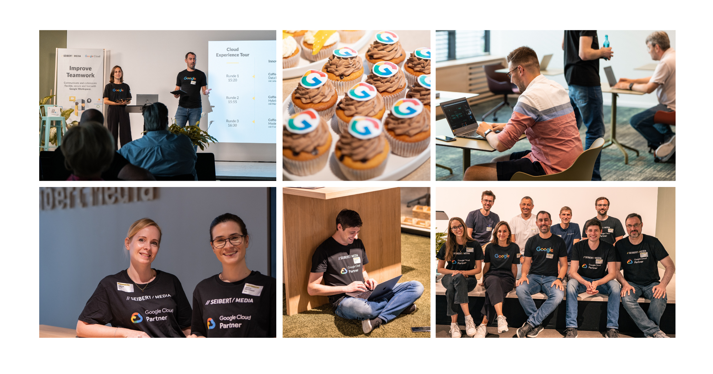 Eine Collage aus 6 Fotos vom Google Enterprise Day 2022. Es sind hauptsächlich Fotos vom Team oder von den Moderatoren. Dazu ist ein Foto von Cupcakes dabei, auf denen das Google Logo drauf ist.