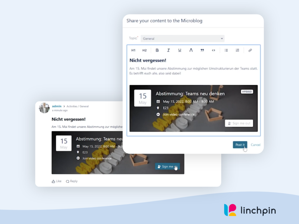 Linchpin Intranet - Screenshot Event im Microblog promoten
