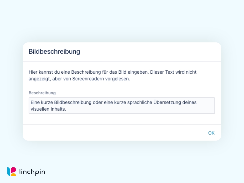 Der Microblog im Linchpin Intranet hat neue Funktionen für mehr Barrierefreiheit integriert, u. a. Alt-Texte für jedes Bild