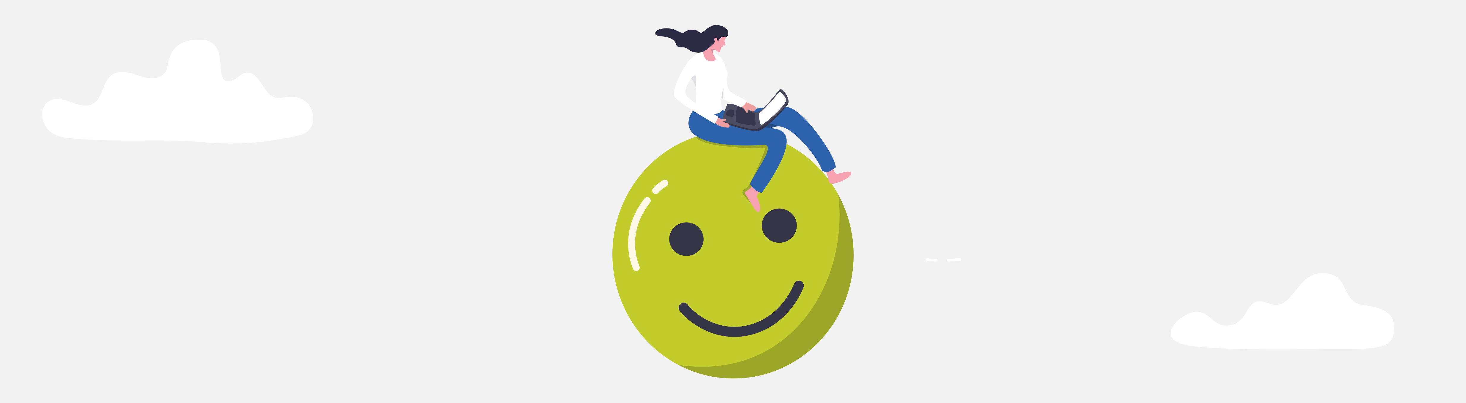 Ein Header-Bild für die Artikelreihe "Hybrides Arbeiten mit Google Workspace". Zu sehen ist eine gezeichnete Frau, die einen Laptop auf dem Schoß hat und auf einem großen, grünen, lächelnden Smiley sitzt.