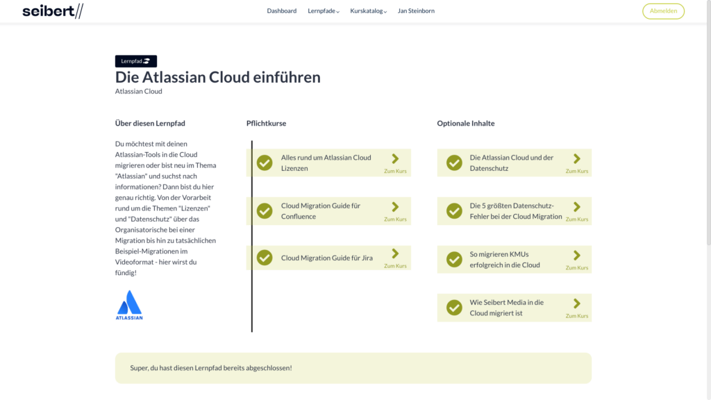 So sieht der Lernpfad "Die Atlassian Cloud einführen" aus.